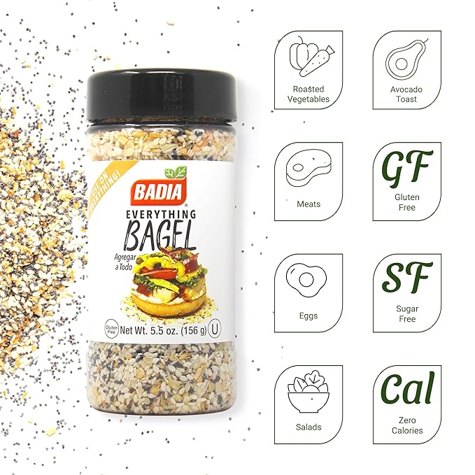 Badia Everything Bagel Seasoning Blend, 5.5 oz - Sesame Seed, Poppy Seed, Garlic, Onion and Salt