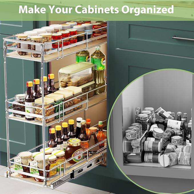 Pull Out Spice Rack Cabinet Organizer 7" W x 20쩍" D, 3 Tier Heavy Duty Slide Out Wood Shelf for Narrow Cabinet, Pull Out Storage for Kitchen