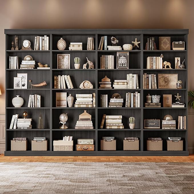 Vyre 70.8" Tall Black Bookshelf, Farmhouse Modular Bookcase with 6-Tier Adjustable Shelves, Large Storage Cabinet for Home Office, Living Room, Set of 2