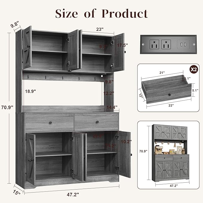 71" Tall Kitchen Pantry Storage Cabinet with Charging Station, 47.2" Wide Kitchen Hutch Cabinet with Large Countertop, Farmhouse Food Pantry with Drawers for Living Room, Gray