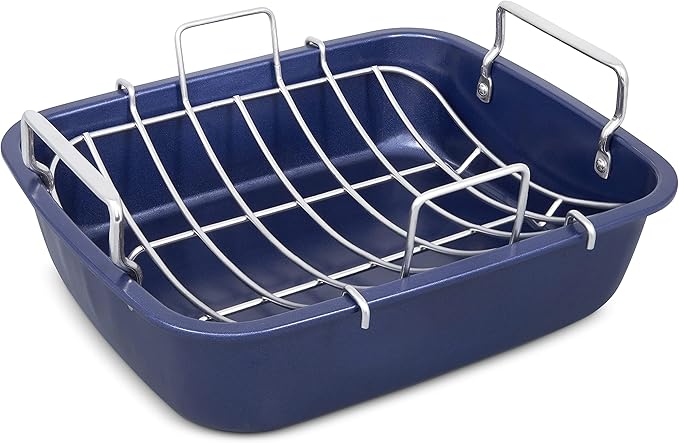 Zyliss E980206 Non-Stick Roasting Tin with Rack, Carbon Steel, Dark Blue, Roast Pan/Baking Trays for Oven/Bakeware Tray, Dishwasher Safe