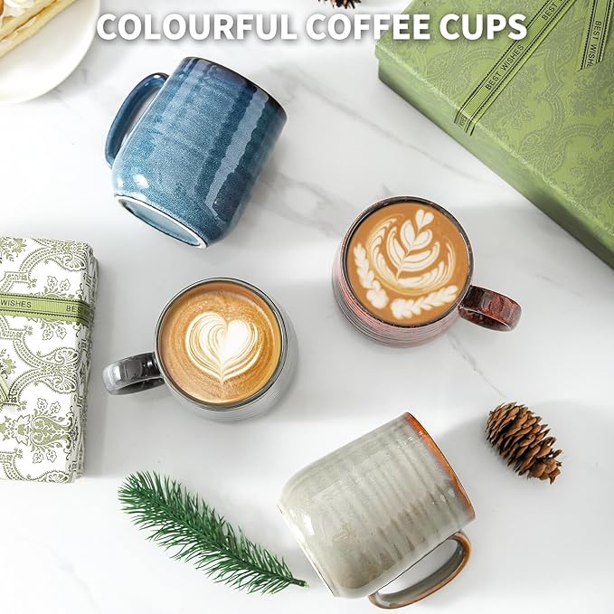 HASENSE Coffee Mugs Set of 4, 12 Oz Stoneware Coffee Cups with Large Handle, Colorful Rustic Mug Set for Coffee, Tea, Coco, Latte, Dishwasher and Microwave Safe