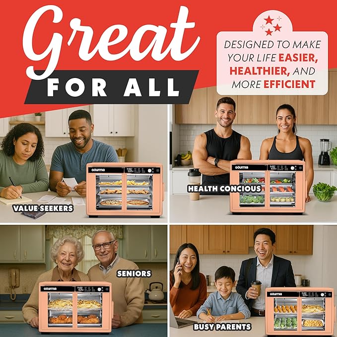 Gourmia French Door Air Fryer Oven - 37 Qt Large Capacity Convection Toaster Oven, FryForce 360°, Digital Display, 12 Cooking Presets, Dehydrate, Fits 13??Pizza, Dishwasher-Safe, Peach
