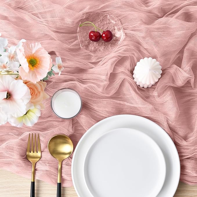Joanlody Dusty Rose Cheesecloth Table Runner Spring Easter 10Ft Rustic Gauze Boho Cheese Cloth Table Runner for Wedding Bridal Baby Shower Decoration 4 Pack
