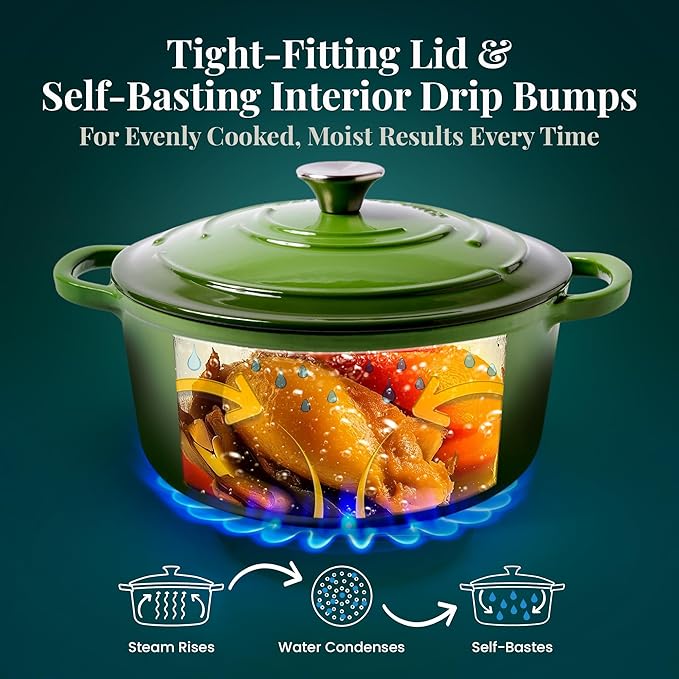 Larder & Vine Enameled Cast Iron 5.7qt Dutch Oven Pot with Lid | Bread Baking | Compatible on All Cooktops & Oven Safe to 500째 F | Great for Sourdough Bread | Okra
