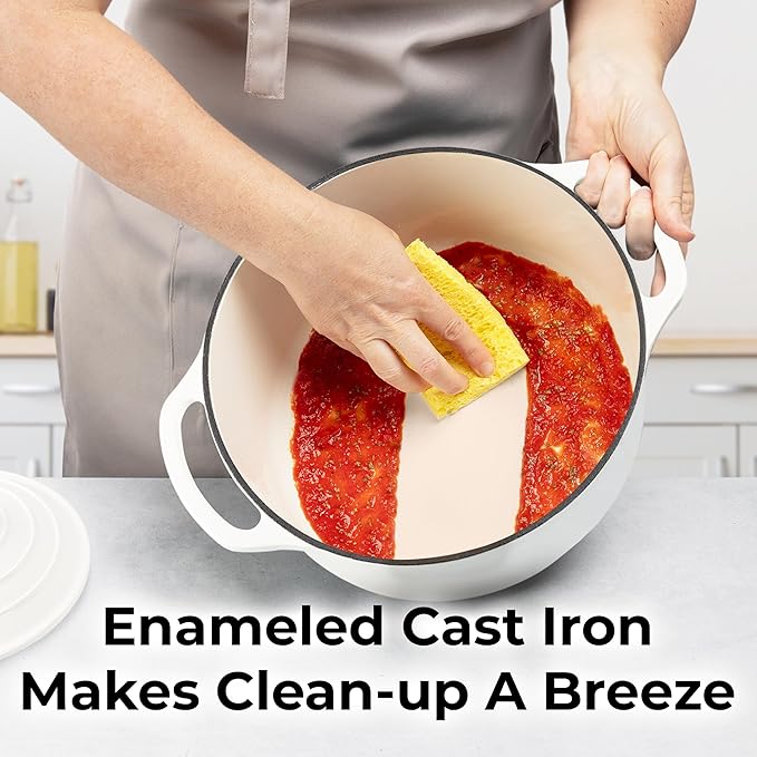Zulay Kitchen 5 Quart Enameled Cast Iron Dutch Oven Pot with Lid ??Premium Durability & Oven Safe up to 500째F ??Heavy Duty Cookware Perfect for Bread Baking, Stews, Braising & Roasting ??White