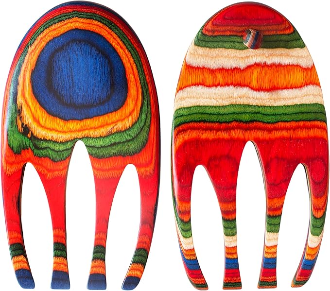 Totally Bamboo Baltique Marrakesh Collection Salad Hands Serving Utensil Set, Colorful Wooden Salad Servers