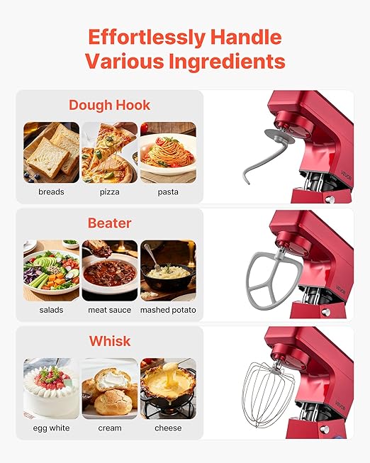 VEVOR Stand Mixer, 10.3 QT Electric Kitchen Mixer, 660W Dough-Mixer, 6 + Pulse Speeds Tilt-head Food-Mixer with Stainless Steel Bowl, Dough Hook, Whisk, Beater, for Baking, Mixing, Whipping & Kneading