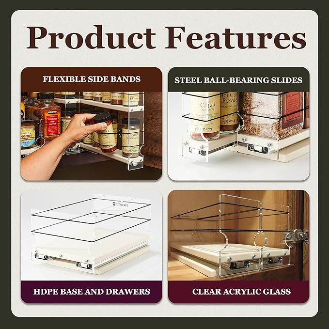 Vertical Spice Adjustable Spice Rack Drawer - Pull Out Cabinet Organizer - Kitchen and Pantry Organizers and Storage - Spice Caddy - 1 Drawer, 2 Upper Tier (2.3" W x 11.25" H x 10.6" D, Cream)