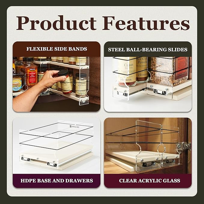 Vertical Spice Adjustable Spice Rack Drawer - Pull Out Cabinet Organizer - Kitchen and Pantry Organizers and Storage - Spice Caddy - 2 Drawers, 3 Upper Tier (6.9" W x 11.25" H x 10.6" D, Cream)