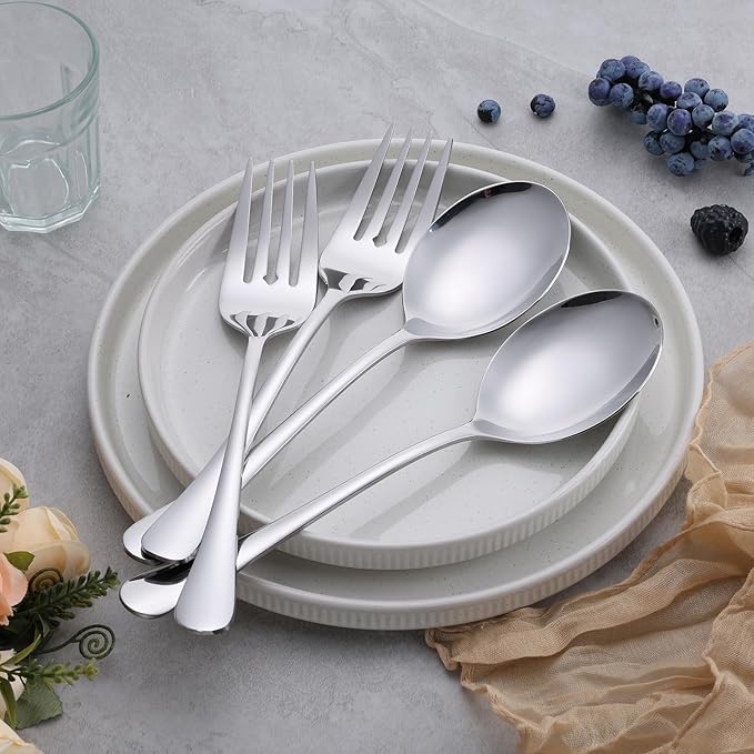 E-far Large Serving Utensils Set of 4, 9.8 Inch Stainless Steel Serving Spoons & Serving Forks, Big Hostess Set for Buffet Party Catering Wedding Kitchen Restaurant, Dishwasher Safe