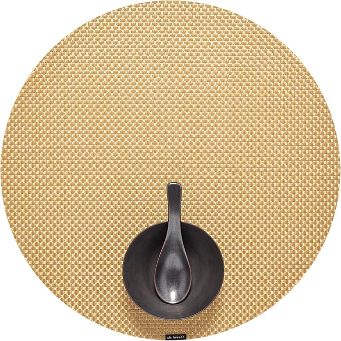 Chilewich Basketweave Placemats in Gilded - Set of 4 - Easy Care Woven Tabletop Textiles - Indoor/Outdoor - 15" Round