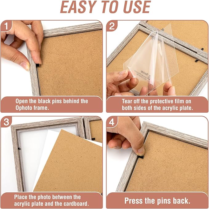 5x7 Four Picture Frame 4 Hinged Photo Frame with 4 Openings, Natural Wood Foldable Photo Frame with High Definition Acrylic for Birthday Father's Day Christmas Gift, Rustic Desk Family Picture Collage, Gray