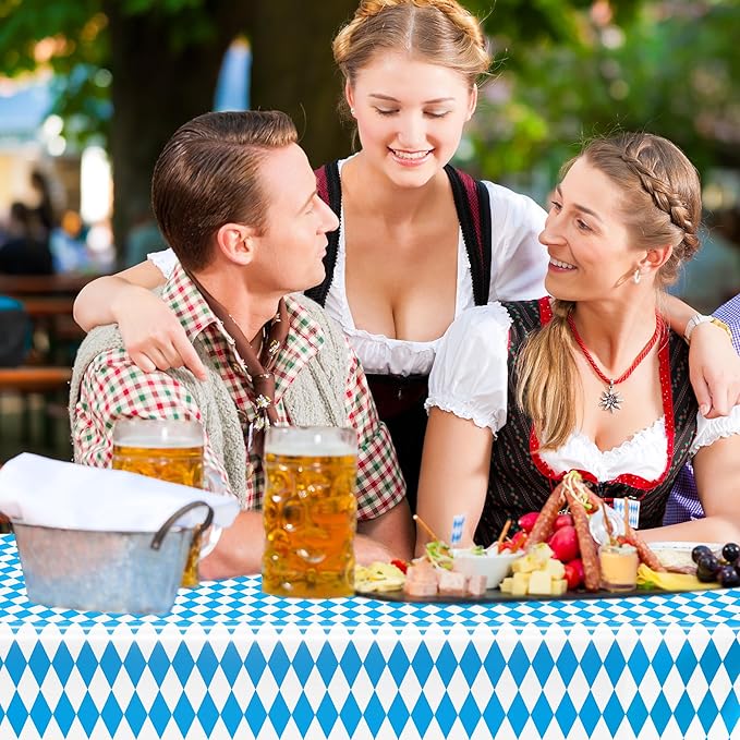 QZYL 3 PCS Oktoberfest Tablecover, 54 X 108 in Disposable Plastic Beer Festival Party Supplies, Rectangular Blue White Checkered Tablecloth, Oktoberfest Decorations for Kitchen Dining Party Holiday