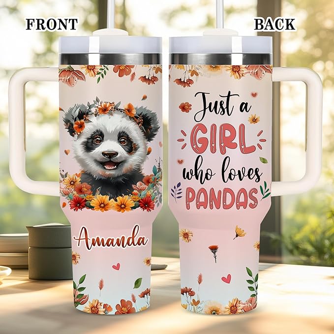 AGGLOMEKC Personalized Cute Panda Cup - Mother's Day Birthday Gift For Animal Lovers - Just A Girl Who Loves Panda Tumbler 40oz With Custom Name - Pet Lover Gifts For Women, Her