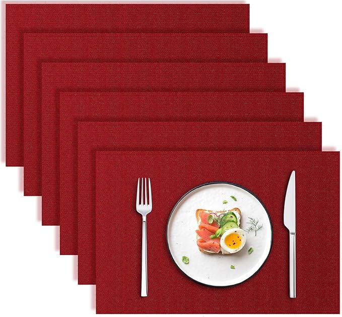 Blue Forest | Rectangular Faux Linen Placemats Set of 6 | Dual- Layered Thickened for Durability | Heat Resistant | Machine Washable | Wrinkle Free for Easy Care Indoor/Outdoor Use - Red