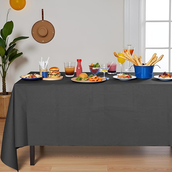 [6 Pack] Black Paper Tablecloth Disposable for Rectangle Tables, 54 X 108 Inch Party Table Cover with Plastic Backing, Waterproof 3 Ply Table Cloth for Halloween Graduation Banquet