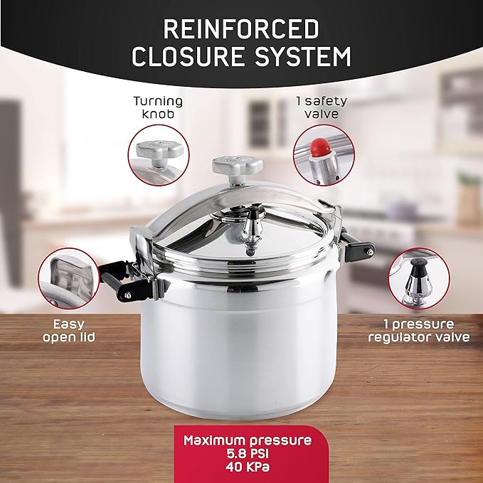 Universal (Large) 15.8-Quart Aluminum Pressure Cooker for Professional Use ??Commercial-Grade, 1 Safety Valve, Reinforced Handles, Easy-Open Lid, ??Ideal for Large Kitchens, and Restaurants