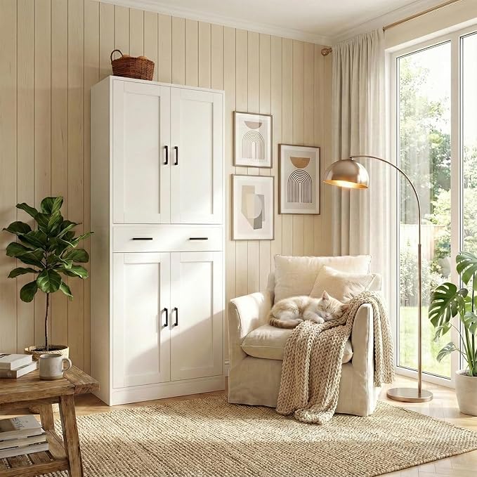 71" Tall Kitchen Pantry Cabinet, Freestanding Storage Cabinet with Drawer and 4 Doors, Large White Utility Floor Cupboard with Adjustable Shelves for Dining Room, Bathroom, Home Office