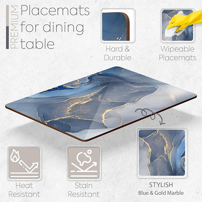 Moderry Set of 4 Heat Resistant Cork Placemats for Dining Table with Free Set of 4 Matching Drink Coasters Marble Design 16 x 12 Inches Cork Backed Hard Placemats (Blue & Gold)