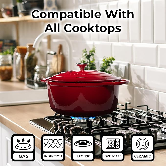 Zulay Kitchen 6 Quart Enameled Cast Iron Dutch Oven Pot with Lid ??Premium Durability & Oven Safe up to 500째F ??Heavy Duty Cookware Perfect for Bread Baking, Stews, Braising & Roasting ??Red