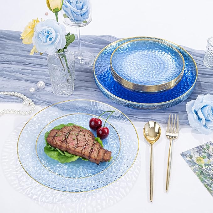 SUT 36Pcs Blue Plastic Plates, Hammered Plates Disposable Heavy Duty, Blue Disposable Plates With Gold Rim, Fancy Plastic plates Include 18 Dinner plate and 18 Dessert plate for Wedding