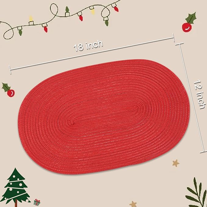 Noctiflorous Oval Braided Placemats Set of 6 Woven 12x18 Inch Non Slip Washable Heat Resistant Place Mats Round Tablemats for Dining Kitchen Party Daily Table Decor Dinner Mats (Red Shine, 6)