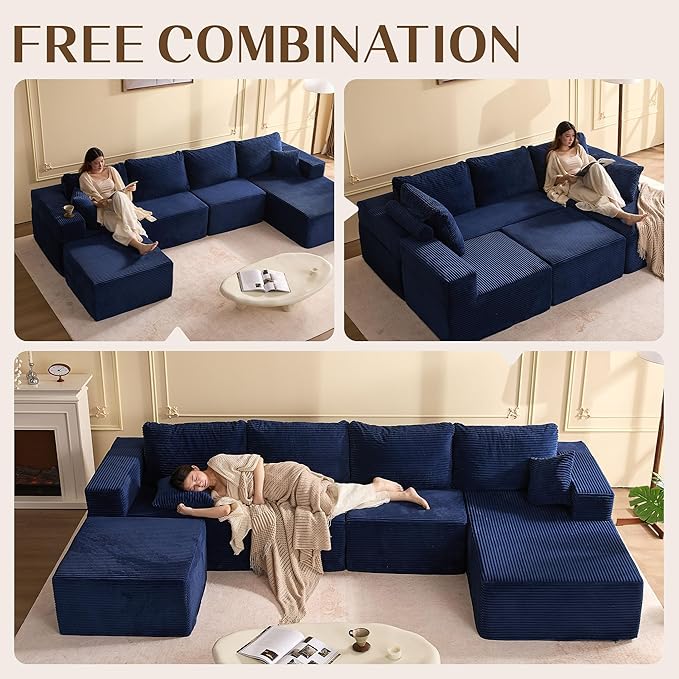 138" Boneless Couch with Deep Seat, Modular Sectional Sofa, Cloud Sectional Couch for Living Room, No Assembly Required, Corduroy, U-Shape 4 Seater Right, Blue