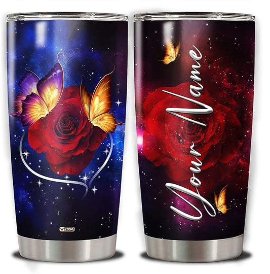 WAZONE Personalized Butterfly Tumbler Cup 20 30 Oz With Lid Custom Floral Name Insulated Travel Mug Coffee Cups Stainless Steel Gifts For Best Friend Women Birthday Anniversary Valentine Day