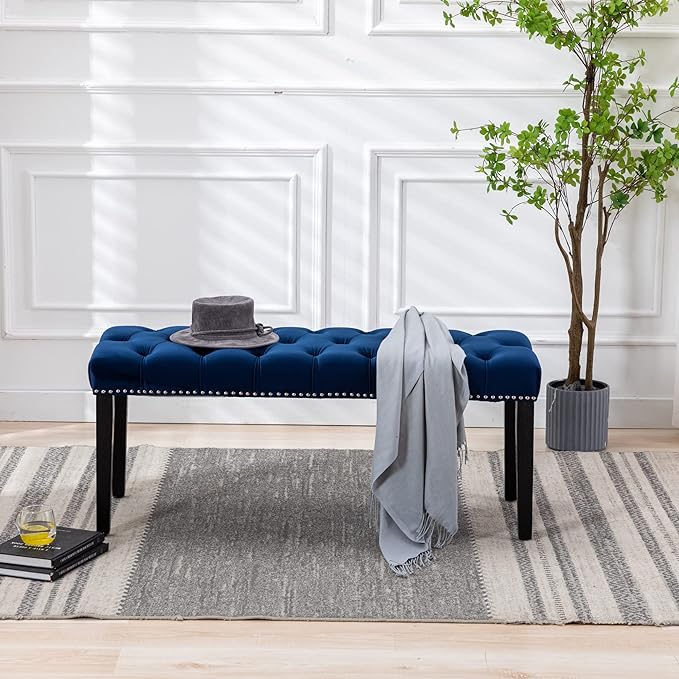 KCC Button-Tufted Ottoman Bench, Upholstered Bedroom Benches Velvet Footrest Stool Accent Bench for Entryway Dining Room Living Room Bedroom End of Bed, Blue