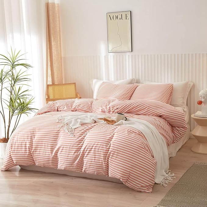 Striped Comforter Set Queen Size Fluffy Soft Striped Bedding Comforter Pink White Stripes Pattern Queen Comforter for All Season Lightweight Bedding Comforter 3 Pieces Boho Stripe Comforter Set