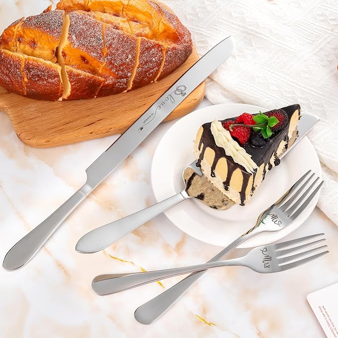 Wedding Cake Knife and Server Set, Mr Mrs Forks and Cake Cutting Set for Wedding for Couples 2025 (Silver)