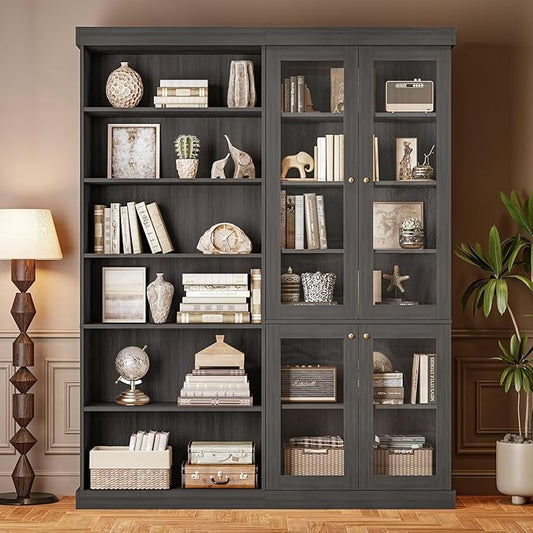 Vyre 70.8" Tall Farmhouse Bookshelf with Glass Doors, Modular Bookcase with 6-Tier Adjustable Shelves, Large Storage Cabinet for Kitchen, Living Room, Black, Set of 2