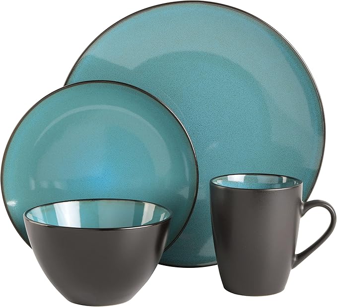 Gibson Elite Soho Lounge 16-Piece Round Reactive Glaze Stoneware Dinnerware Set, Service for 4 ??Teal Plates and Bowls