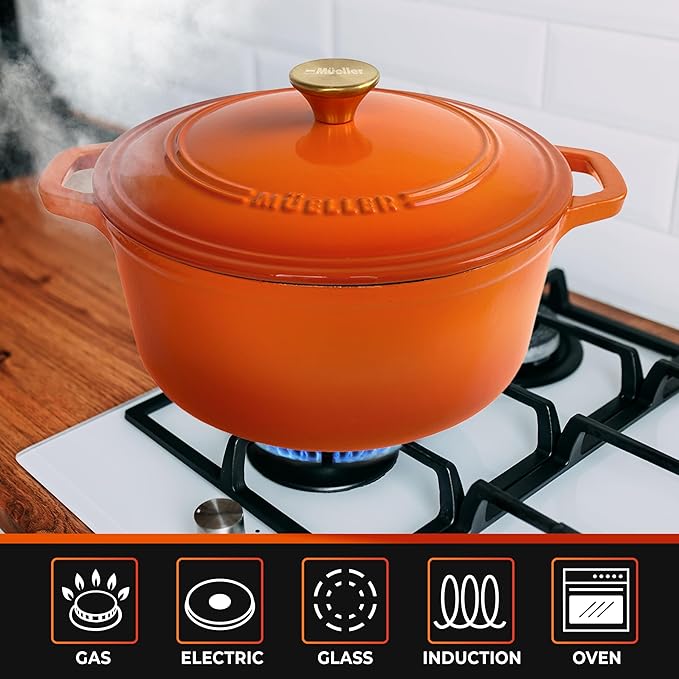 MUELLER HOME 6 Quart Enameled Cast Iron Dutch Oven for Bread Baking, Heavy-Duty Oven-Safe up to 500째 F, & Across All Cooktops, House Warming Gifts New Home, Cast Iron Cookware, Gifts for Women, Orange