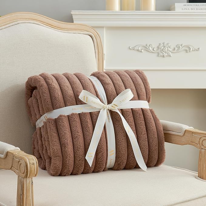 Am챕lie Home Faux Fur Throw Blanket for Couch, Cozy Fuzzy Fluffy Fur Luxurious Soft Striped Plush Gift Blankets for Family Sofa Chair Bedroom, 55"x70", Light Coffee