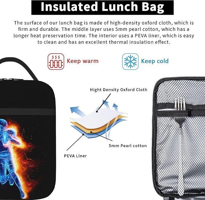 Football-themed Lunch Box Bag for Kids Teens Boys/Men, Sports LunchBoxes with Printing a Playing Blue Football Player Pattern, Reusable Tote Bag for Work School, Gifts for Birthday Christmas