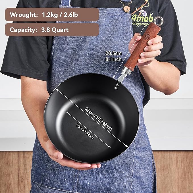 WANGYUANJI 10.24 Inch Iron Wok with Glass Lid, Flat Bottom Uncoated Wrought Iron Stir-Fry Pan, Deep Lightweight Wok Skillet with Wooden Handle for Gas, Electric & Induction Cooktops