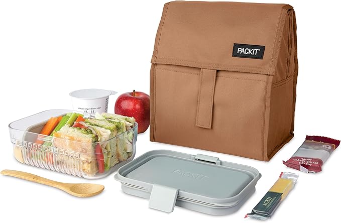 PackIt짰 Freezable Lunch Bag, Almond, Built with ECOFREEZE짰 Technology, Foldable, Reusable, Zip and Fold Closure with Buckle Handle, Designed for Work Lunches and Fresh Lunch On the Go