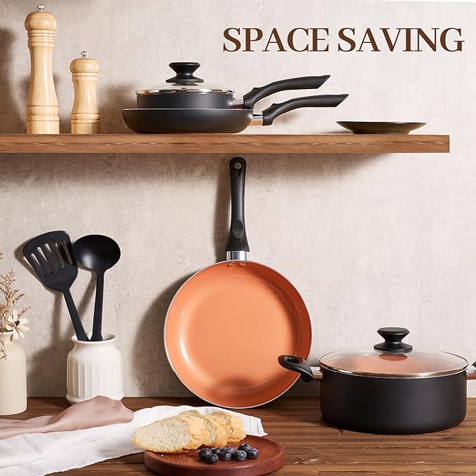 8pcs Gold Ceramic Pots and Pans Set, Cooking Pan Set,Cooking Pot Set Ceramic Pan Set, Nonstick Cookware Set, Induction Safe Kitchen Cooking Set with Frying Pans, Saucepans, shovel and Ladle