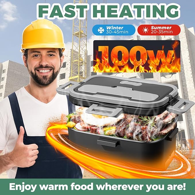 Vidaskeci Electric Lunch Box for Adults 100W Fast Heated Lunch Box for Men Women 1.8L Stainless 304Steel Containers Fast Heating Portable Food Warmer 12V/24V/110V Home/Car/Office/Truck(Black + Gray)
