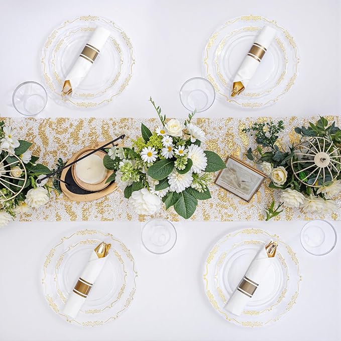 U-QE 100PCS Clear Gold Plastic Plates - Disposable Heavy Duty Clear Plates with Gold Rim Including 50PCS 10'' Dinner Plates & 50PCS 7.5'' Dessert Plates Perfect for Party, Weddings