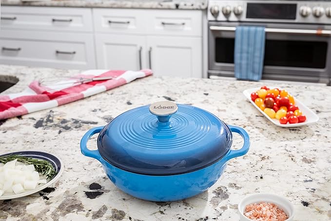 Lodge 3 Quart Enameled Cast Iron Dutch Oven with Lid ??Dual Handles ??Oven Safe up to 500째 F or on Stovetop - Use to Marinate, Cook, Bake, Refrigerate and Serve ??Caribbean Blue