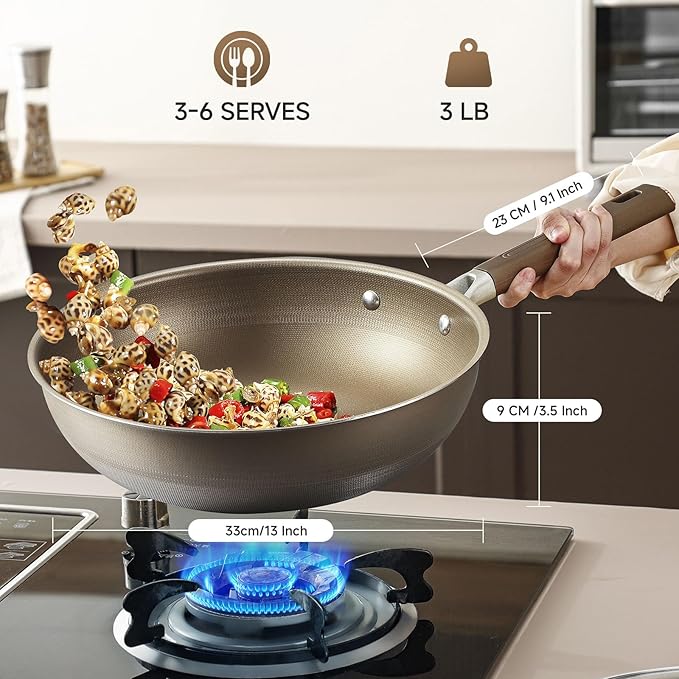 13 Inch Titanium Wok Pan with Lid, Non Stick Frying Pan, Woks & Stir-Fry Pans Nonstick, Flat Bottom Stainless Steel Wok, Titanium Pans Ideal for Induction Stovetop Cooking PFOA&PFAS Free