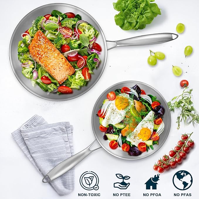 Tri-Ply Stainless Steel Frying Pans Set with Lid, EWFEN 8??10??12??Cooking pans, PFOA&PTFE Free Skillet, Induction Cooking Pan, Dishwasher and Oven Safe, Fast & Even Heat, Suitable for All Stove