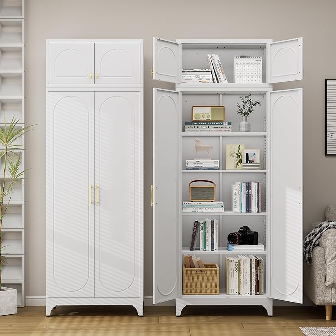 90??Tall Kitchen Pantry Cabinet,Metal Storage Cabinet with Doors and Adjustable Shelves,Modern Kitchen Hutch Cabinets,Freestanding Cupboard for Dining Living Room