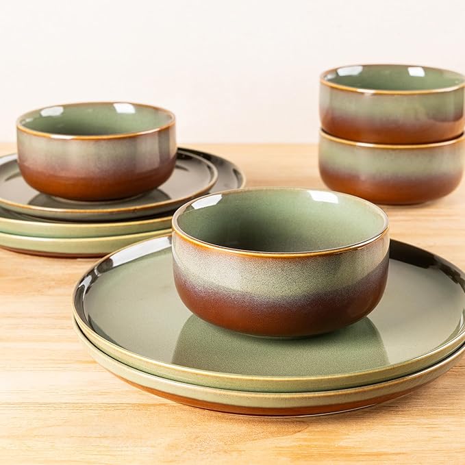 TheTerra Ceramic Dinnerware Sets, Handmade Reactive Glaze Plates and Bowls Set, Scratch Resistant Dish Set, Oven & Microwave & Dishwasher Safe, Service for 6, Sage Umber