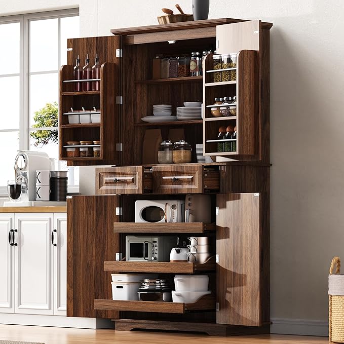 Ball & Cast 71?쿟all Farmhouse Kitchen Pantry Cabinet with 3 Pull Out Shelves & 2 Large Drawers,Versatile Pantry Storage Cabinet w/ 6 Door Shelf & Adjustable Shelves for Kitchen,Dining Room,Walnut