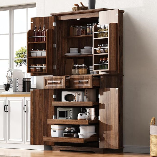 Ball & Cast 71?쿟all Farmhouse Kitchen Pantry Cabinet with 3 Pull Out Shelves & 2 Large Drawers,Versatile Pantry Storage Cabinet w/ 6 Door Shelf & Adjustable Shelves for Kitchen,Dining Room,Walnut