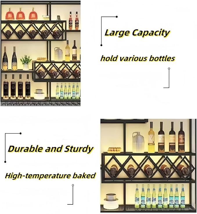 118 Inch Wine Rack Wall Mounted, 4 Tier Large Wall Mounted Liquor Shelf & Bar Shelf, Metal Wall Wine Rack with Glass Holder, Bar Shelves for Liquor Bottles Display Storage, Black (No Lights)
